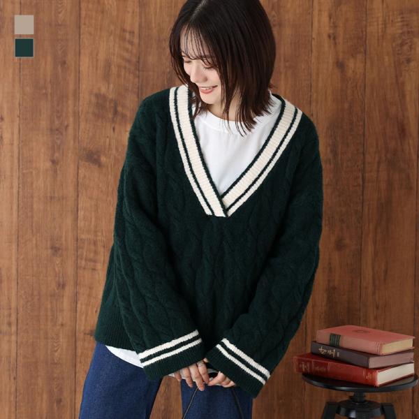 ニット 長袖 レディース トップス セーター Vネック ケーブルニット チルデンニット レイヤード ...