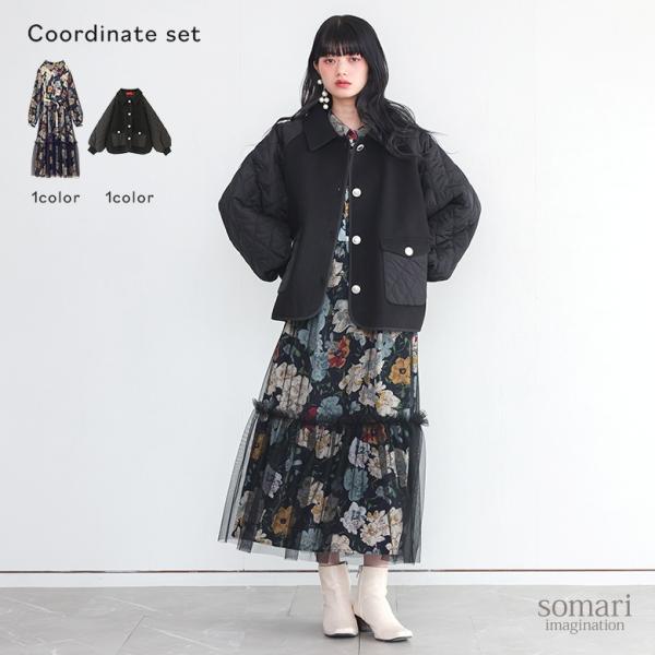 2点コーデセット 2025 レディース ワンピース 長袖 ドレス ロング丈 花柄 チュール ブルゾン...