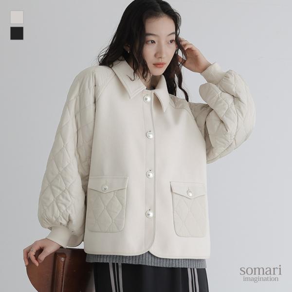 「送料無料」ブルゾン ジャケット レディース アウター 羽織 ショート丈 異素材 キルティング 刺繍...