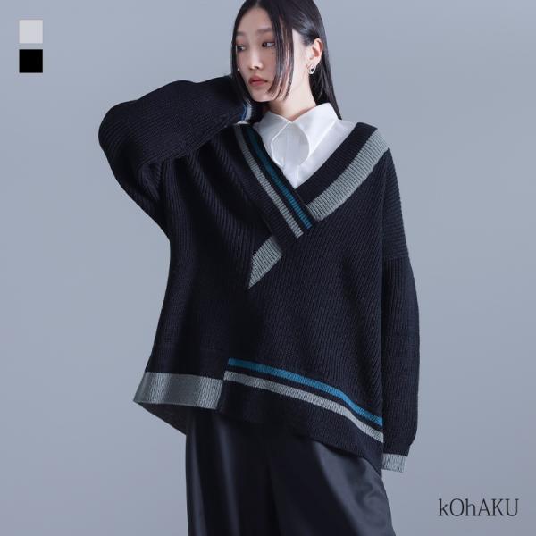 トップス ニット 長袖 長袖ニット レディース Vネック アシンメトリー 配色 レイヤード 重ね着 ...