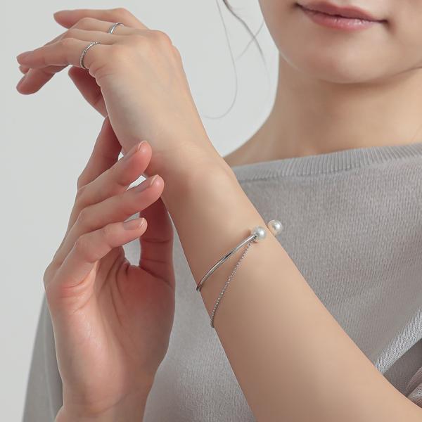ブレスレット レディース アクセサリー 小物 バングル フェイクパール チェーン ２連 シルバー オ...