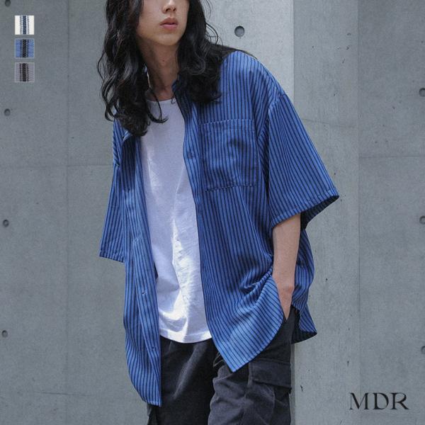 シャツ メンズ 春 夏 トップス 半袖 白 M L カジュアルシャツ 羽織 ストライプ柄  レギュラ...