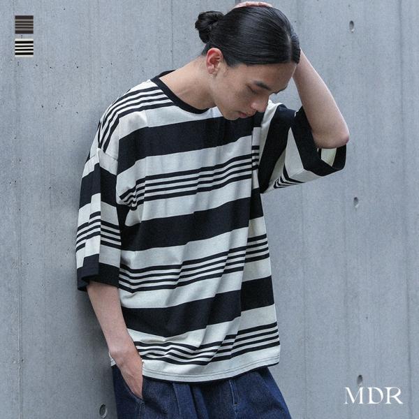 Tシャツ メンズ トップス 半袖 カットソー ボーダー柄 マルチボーダー クルーネック 綿混 配色 ...