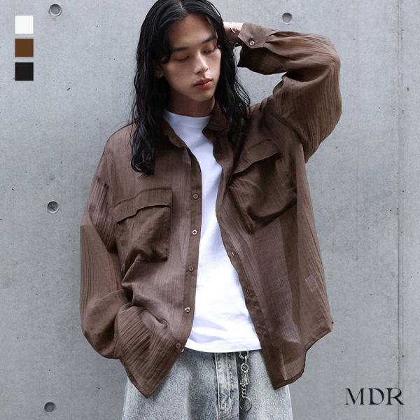 シャツ 長袖 メンズ 春 夏 秋 白 黒 M L カジュアルシャツ 羽織 シアー レギュラーカラー ...