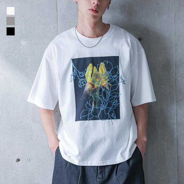 Tシャツ メンズ 夏 春 トップス カットソー 半袖 フラワーフォト 花柄 刺繍 プリントT ロゴT...