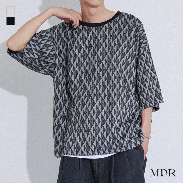 カットソー 半袖 メンズ トップス Tシャツ ニットソー 幾何学柄 ジオメトリック柄 クルーネック ...