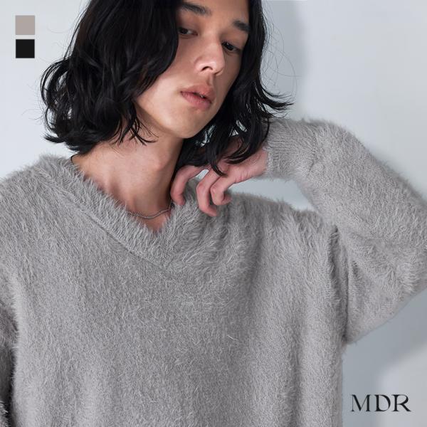 ニット 長袖 メンズ トップス セーター シャギーニット Vネック レイヤード 重ね着 プルオーバー...