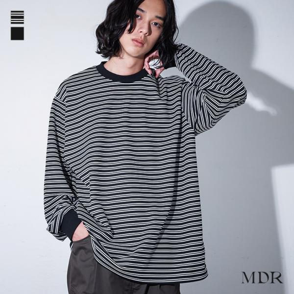 カットソー 長袖 メンズ トップス ロンT クルーネック プルオーバー ボーダー柄 無地 リップル生...