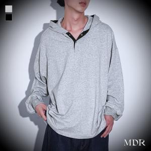 パーカー メンズ トップス カットソー 長袖 ロンT フード付き フーディー ミニ裏毛 ヘンリーネック 配色 レイヤード  返品交換不可「メール便不可」「20」