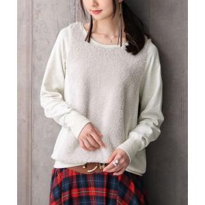 カットソー レディース 秋冬 トップス スウェット トレーナー 裏毛 長袖 ボア 異素材  『異素材ボアデザインカットソー』【メール便不可】