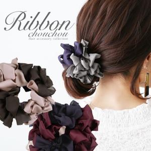 シュシュ レディース ヘアアクセサリー ヘアゴム リボン ボリューム 配色 異素材MIX シフォン パステル『異素材配色リボンシュシュ』※メール便可※【5】