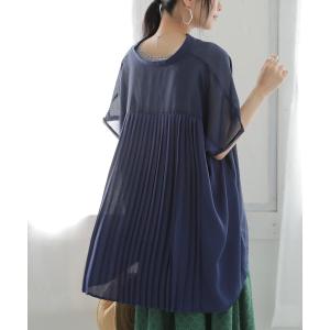 レディース 春夏 トップス シャツ ブラウス 半袖 薄手 ストライプ プリーツ バックプリーツ シフォン スキッパー※返品交換不可※【メール便不可】【20】