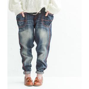 【送料無料】デニム ボトムス デニムパンツ サルエルデニム サルエルレディース ステッチ 『赤ステッチサルエルdesignデニム』【メール便不可】