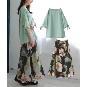 レディース ブラウス リボン 五分袖 シフォン フレアスカート 花柄『大人可愛いブラウス×スカートコーデ2点SET』※返品・交換不可※【メール便不可】