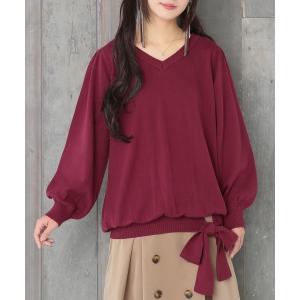 ニット レディース トップス 綿 コットン 長袖 Vネック 無地 裾リボン アシンメトリー 『裾リボンＶネックニット』※返品交換不可※【メール便不可】