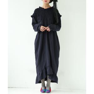 ロングワンピース レディース ワンピース 長袖 フリル 切替デザイン ウエストリボン『贅沢シャーリングデザインワンピース』※返品交換不可※【メール便不可】