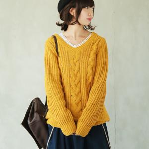 ニット レディース 秋冬 トップス Vネック セーター 長袖 ケーブルニット 防寒『ふわもちモールヤーンニット』※返品交換不可※【メール便不可】