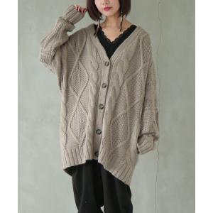 カーディガン レディース トップス バルキーニット  長袖 羽織り ドルマンシルエット ケーブル編み 無地【メール便不可】