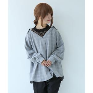 ブラウス レディース トップス シャツ 長袖 レース チェック柄 襟抜き 異素材『レース×チェックデザインブラウス』※返品交換不可※【メール便不可】