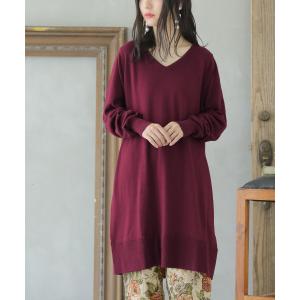 ニット レディース 綿トップス 長袖 Vネック『ゆるっとVネックロング綿ニット』※返品交換不可※