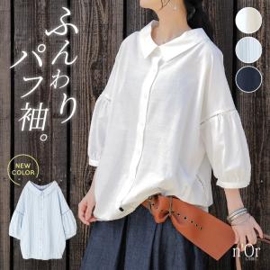 【新色登場】ブラウス レディース トップス 春 夏 七分袖 長袖 襟付きシャツ パフ袖 はしごレース ギャザー ドルマン きれいめ【メール便不可】【20】