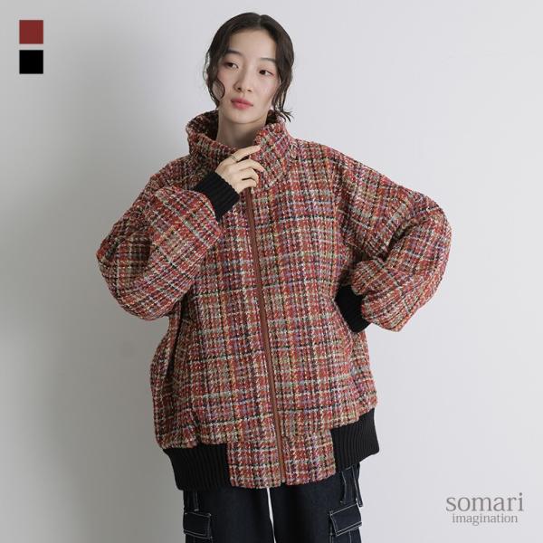 「送料無料」ブルゾン レディース 秋冬 アウター ライトアウター 羽織り 長袖 ツイード スタンドカ...