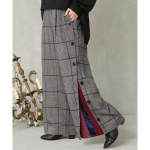 ワイドパンツ レディース ボトムス ロング 裾ボタン 配色 異素材 『ボタンアレンジ配色チェックパンツ』※返品交換不可※【メール便不可】