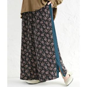 ワイドパンツ レディース ロング 総柄 ドット柄 花柄 幾何学柄 スリット 配色 セットアップ 『配色ライン総柄ワイドパンツ』※返品交換不可※【メール便不可】