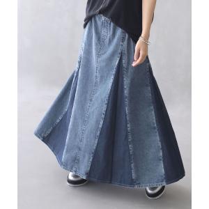 ロング スカート レディース ボトムス マキシ丈 フレア 綿100％ バイカラー ブリーチ加工『パネル切替デニムフレアスカート』※返品交換不可※【メール便不可】