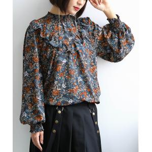 ブラウス レディース トップス 長袖 花柄 ハイネック 『シャーリングスタンドカラー花柄フリルブラウス』※返品交換不可※メール便可※【10】
