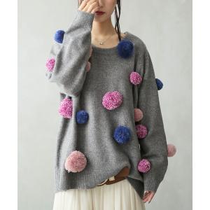 ニット レディース トップス 長袖 セーター プルオーバー ポンポン 配色 カラフル 『配色ポンポンニット』※返品交換不可※【メール便不可】