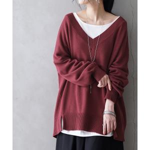 ニット レディース トップス 長袖 セーター Vネック 深め 綿100％ レイヤード スリット 『深Vネックコットンニット』※返品交換不可※【メール便不可】