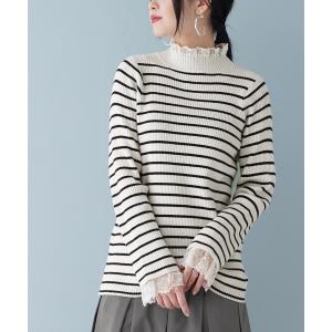 ニット レディース 秋冬 トップス プルオーバー 長袖 ハイネック 花柄 レース『ハイネックレースボーダーリブニット』※返品交換不可※【メール便不可】