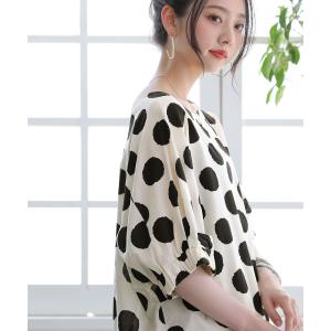 カットソー Tシャツ レディース 春夏 トップス 五分袖 プルオーバー 配色 『印象的ドット柄ブラウス』※返品交換不可※※メール便可※【10】