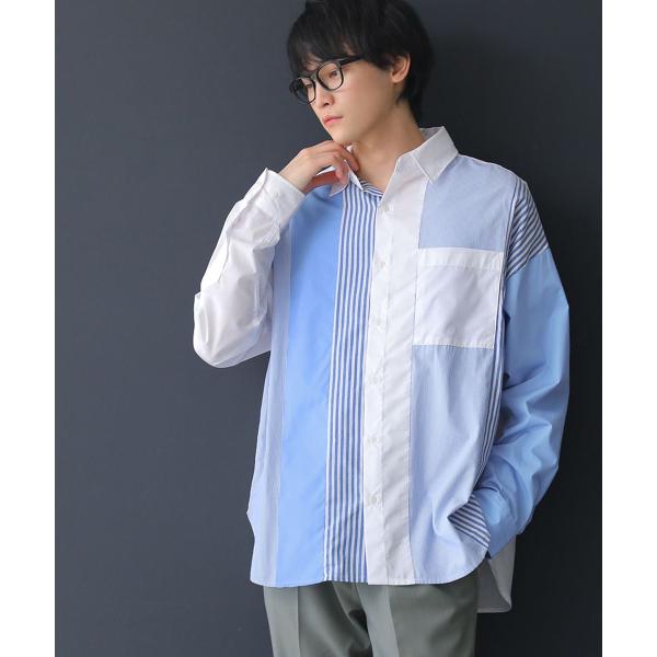 オーバーシャツ メンズ トップス 襟付き 長袖 ビッグシルエット ストライプ柄 無地 アシンメトリー...