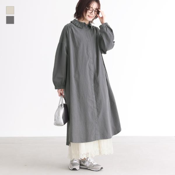 ワンピース レディース 春 長袖 タック襟 ぽわん袖 ウォッシュ加工 ゆったり コットン100％ 綿...