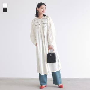ワンピース シャツワンピース レディース ミモレ丈 長袖 ピンタック インド綿 コットン100％ 綿100％ レース 「メール便不可」「20」