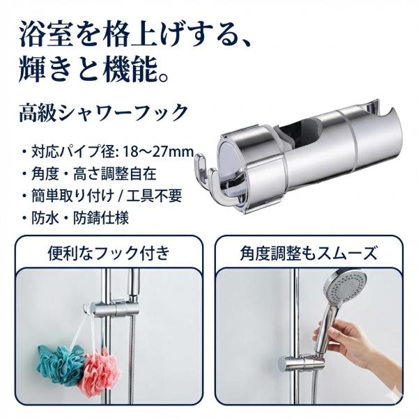 シャワーフック 16-27mm 交換 修理 角度調整 高さ調整 簡単取り付け 可動式 防水 防錆 シ...
