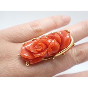 特大　赤珊瑚　薔薇彫刻　K18リング19．0ｇ　素材証明付　１５号｜osyare-shop