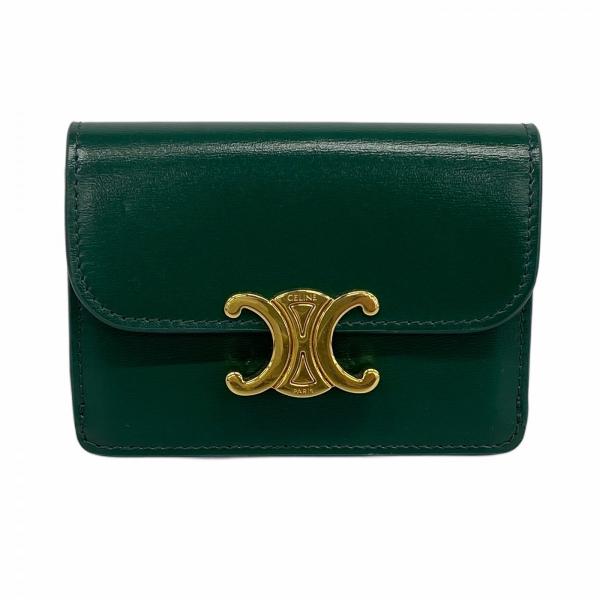 【6ac2028】セリーヌ カードケース トリオンフ レザー グリーン ゴールド金具【中古】レディー...