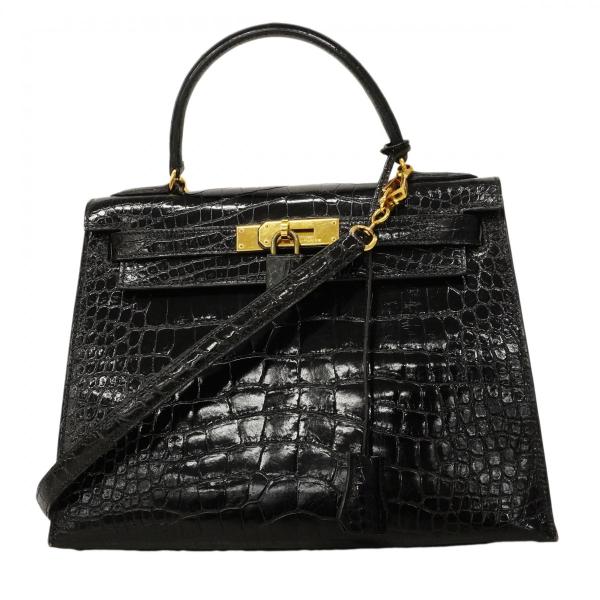 【6cd5226】エルメス ハンドバッグ ケリー28 アリゲーター ブラック ゴールド金具 □R刻印...