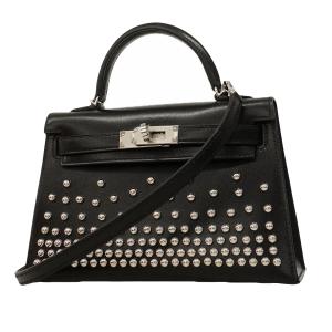★SALE 【6ge6028-g】エルメス ハンドバッグ ミニケリー2 クルーテ ボックスカーフ ブラック シルバー金具 W刻印 2wayバッグ