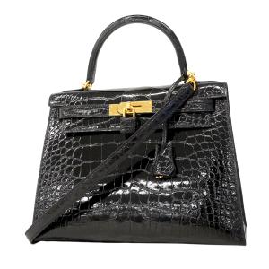★SALE 【6ee6402-g】エルメス ハンドバッグ ケリー28 アリゲーター ブラック ゴールド金具 U刻印 2wayバッグ【中古】レディース