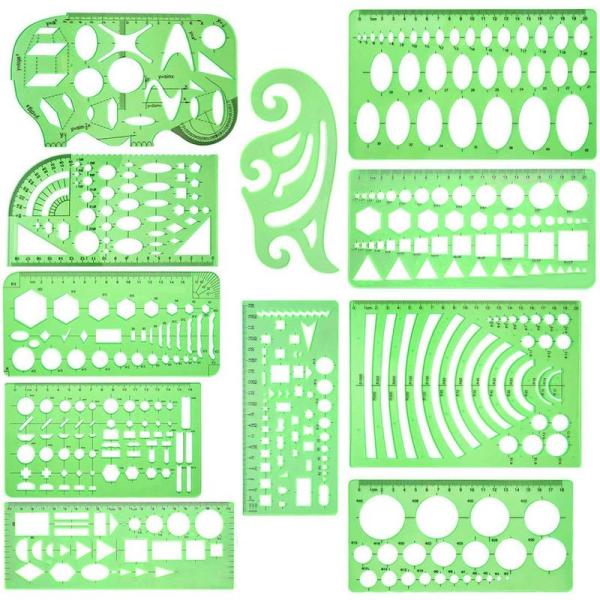 Dennty 11枚 図面テンプレート プラスチック測定 製図 円 幾何学定規 透明幾何図面 図面ル...
