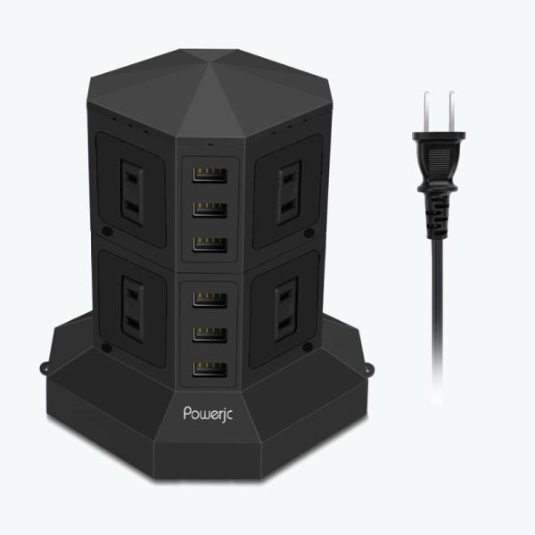 Powerjcタワー式電源タップ 2層縦コンセント 8AC充電口雷ガード 過負荷保護 省エネ 延長コ...