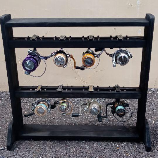リールスタンド 受注生産ハンドメイドブラック【完成品】 ☆リール10本掛、小物棚付き