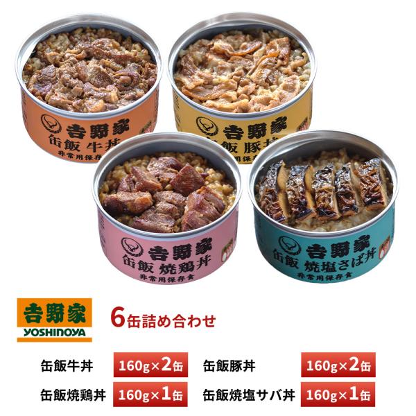 吉野家 缶飯 牛丼【2缶】・豚丼【2缶】・鯖缶【1缶】・焼鶏【1缶】 送料無料 防災 災害備蓄 ロー...