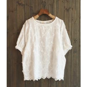 シャツ半袖ブラウス綿プルオーバー上着トップスＴシャツ立体な花柄刺繍エスニック風ナチュラル森ガール風カジュアル大人エレガント美品きれいめ二点送料無料