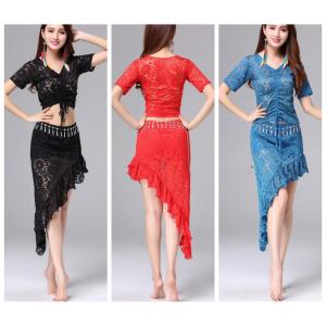 ベリーダンス衣装２点セット社交ダンス レディーストップス練習服レッスン着フィットネス上下セットアップ刺繍レースダンス衣装スカート半袖