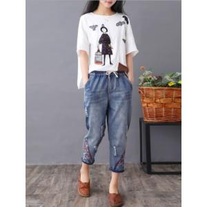 デニムクロップドパンツ花柄刺繍レディースデニムパンツ 二点送料無料ジーパン春七分丈ジーンズ夏カジュアルパンツ民族風ボトムス　ズボン７分丈パンツ ジーンズ